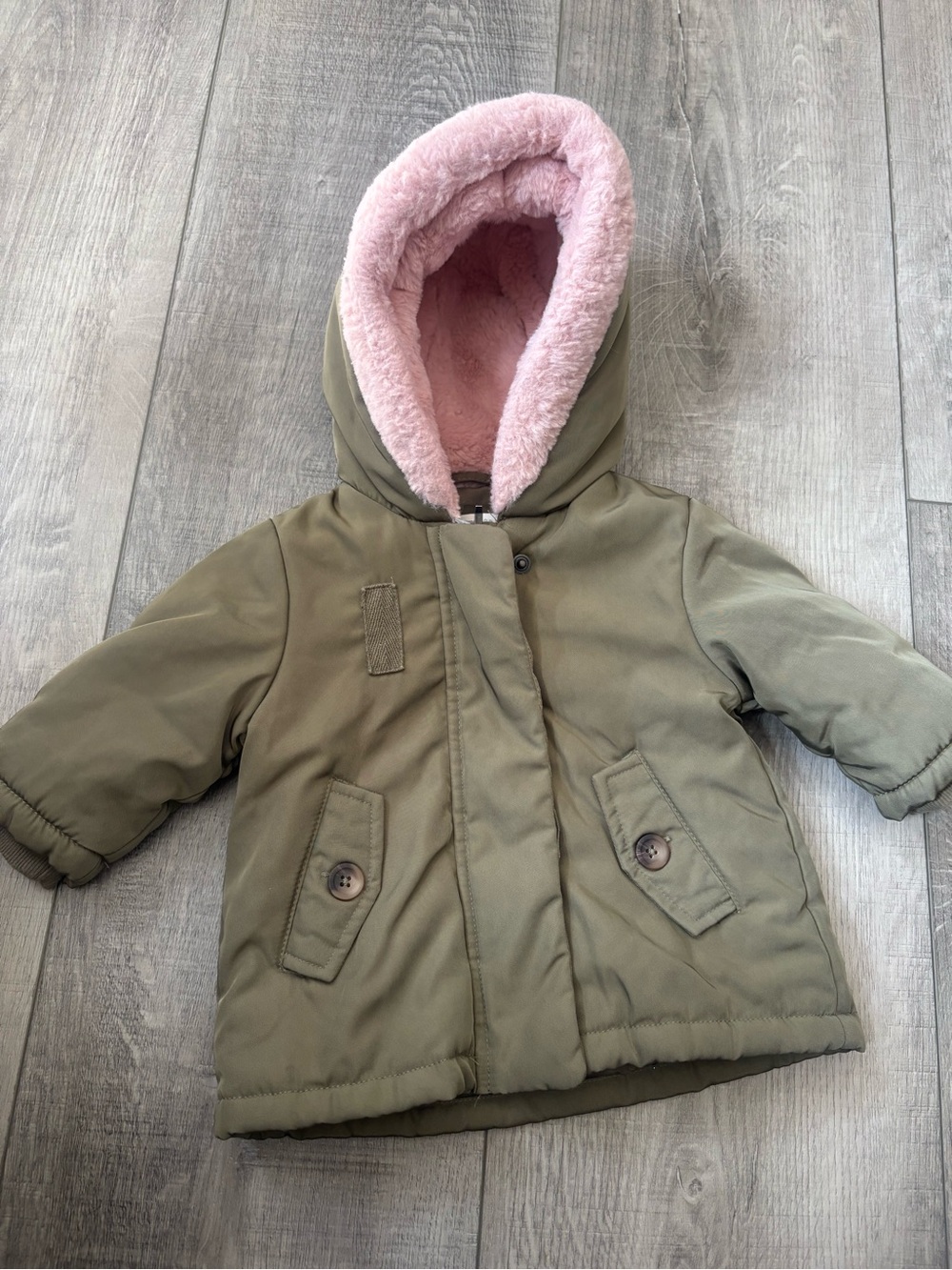 Gymboree Olive Green Puffer Jacket with Pink Faux Fur Hood
